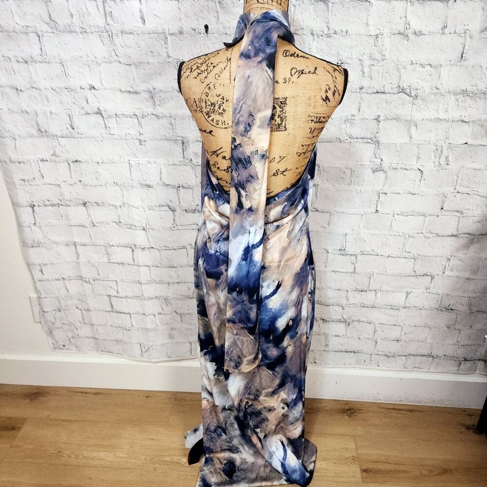 Commense love era tie dye satin halter long dress Sz L blue A15 - Picture 5 of 5